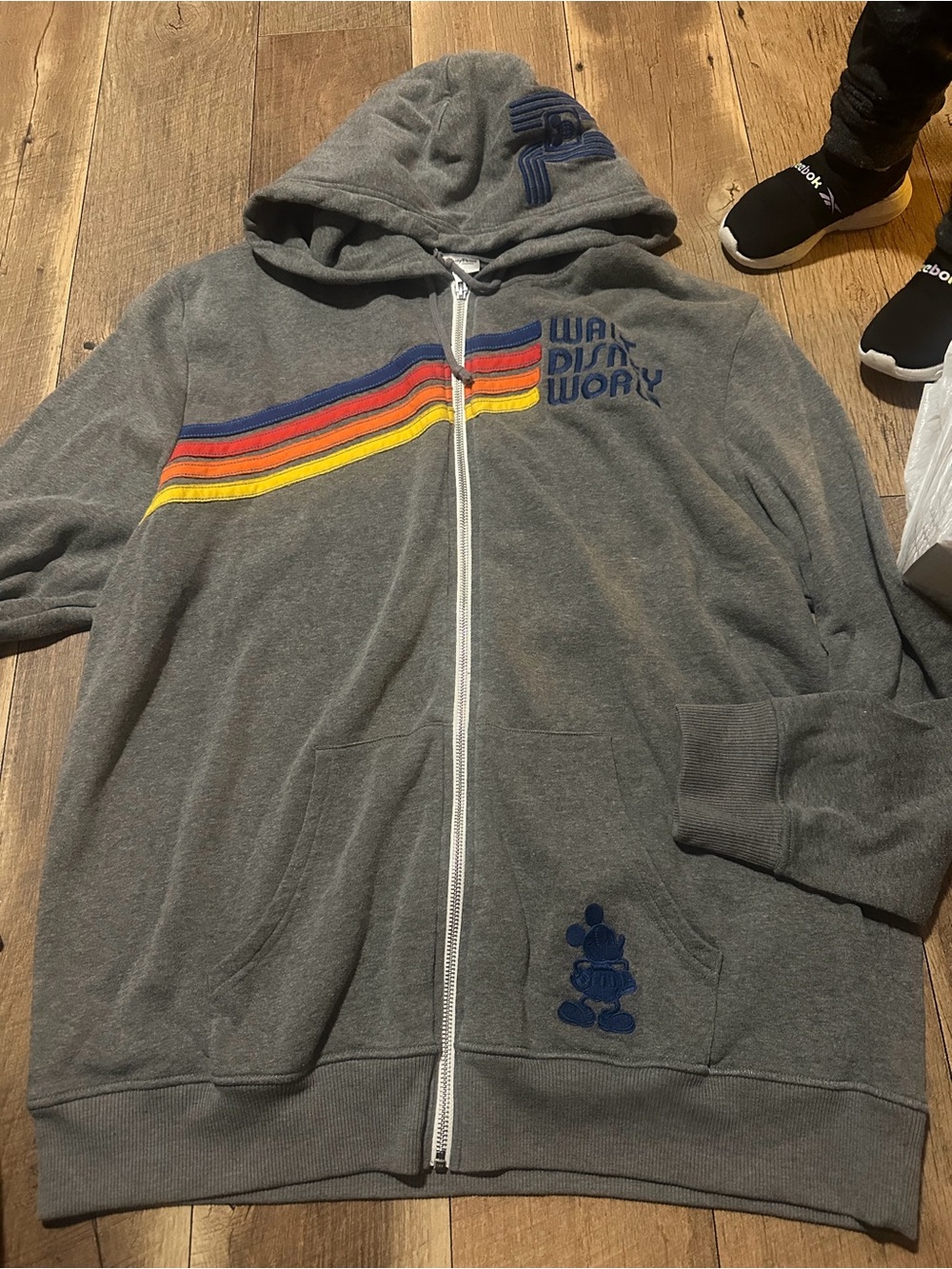 Disney Gray Zip-Up Hoodie with Blue, Red, Orange & Yellow Stripes
